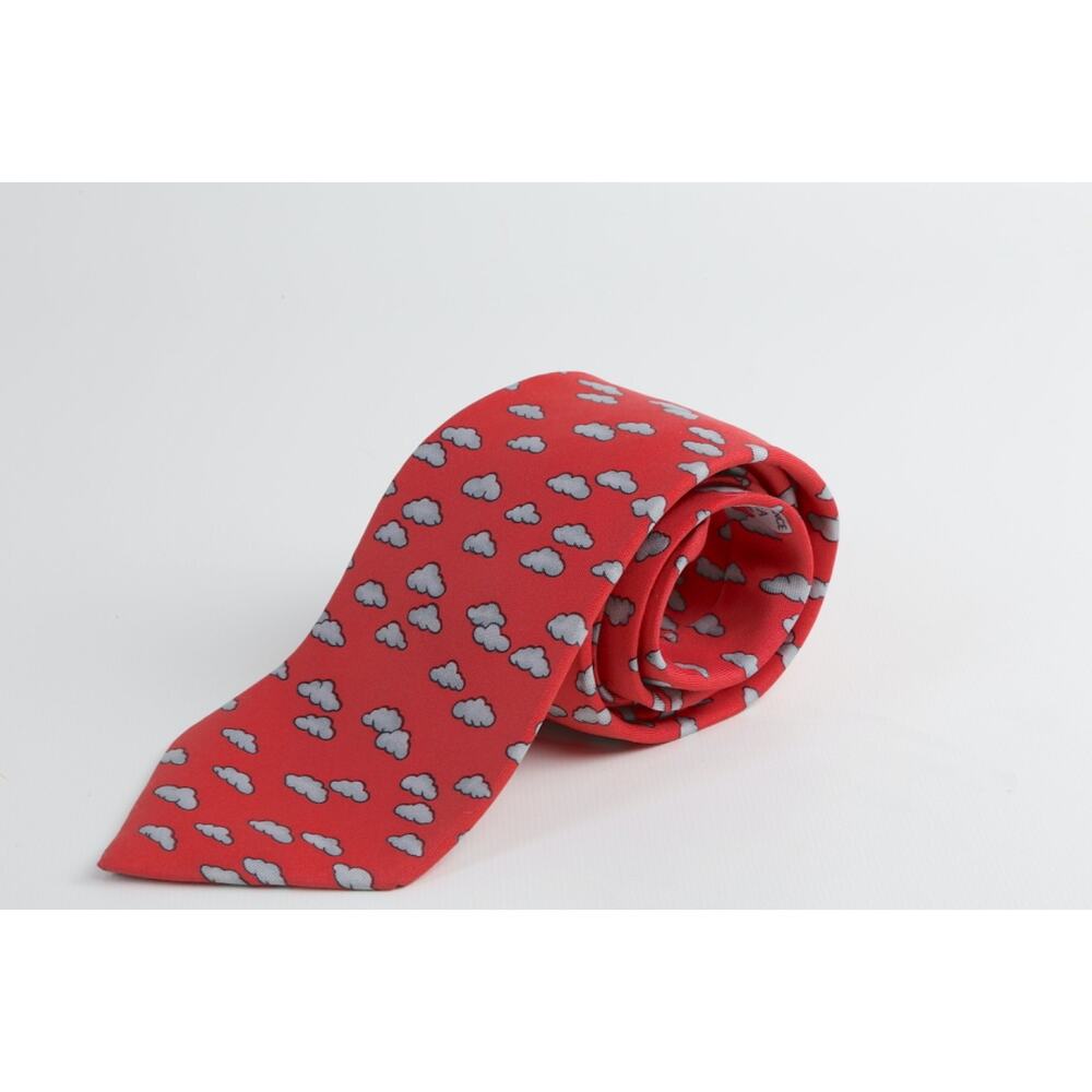 Vintage Hermes Silk Tie Red Grey Cloud Pattern Made in France Luxury - Picture 2 of 10